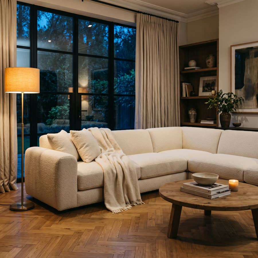 The same sofa in an editorial evening interior