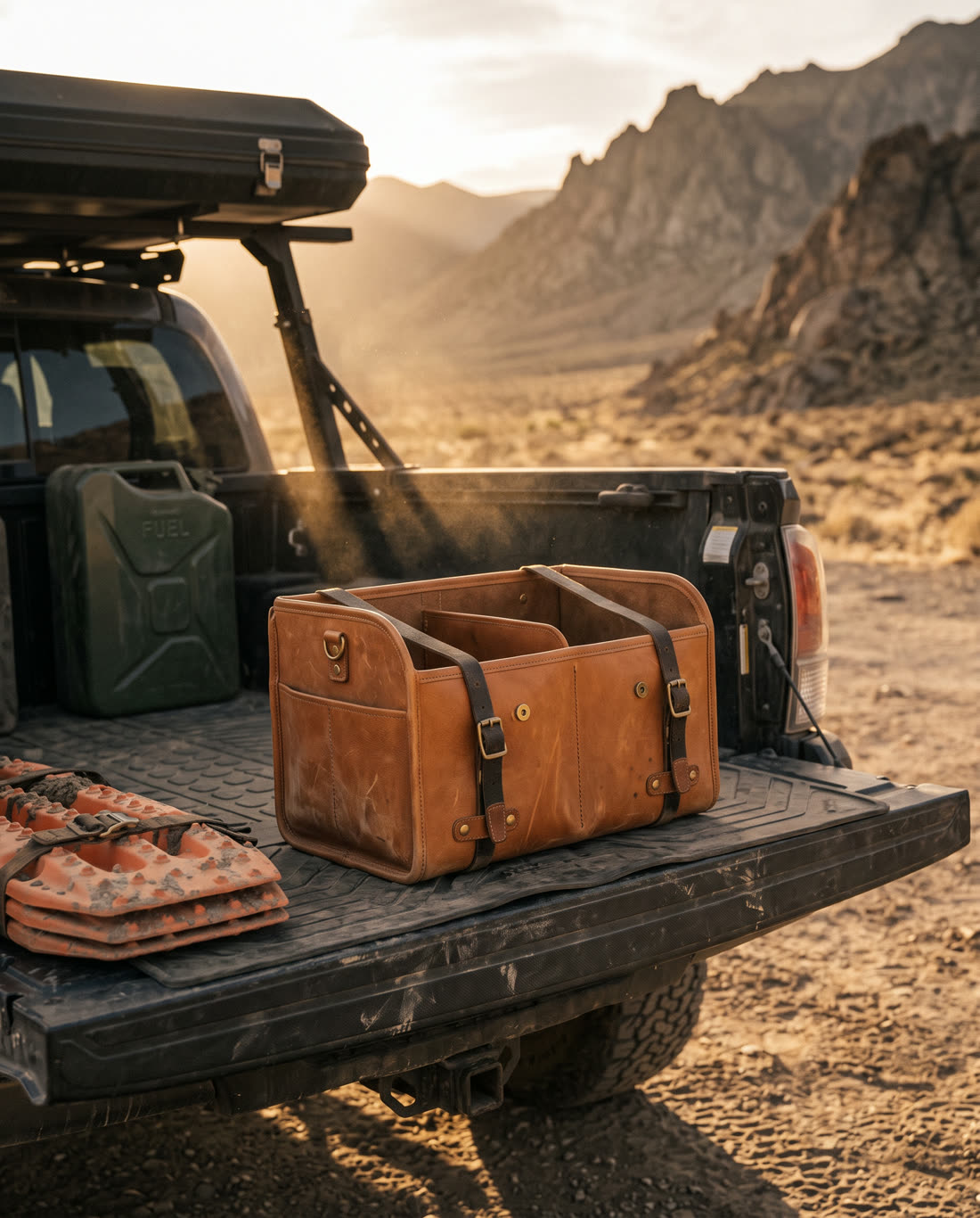 The same organiser strapped in the bed of an overland pickup at golden hour