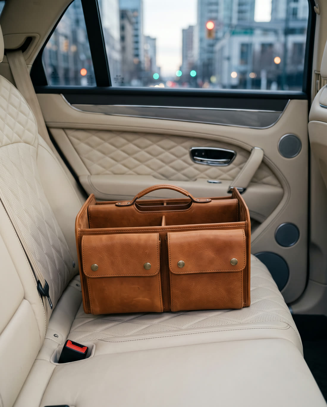 The same organiser on the cream leather rear seat of a luxury SUV at dusk