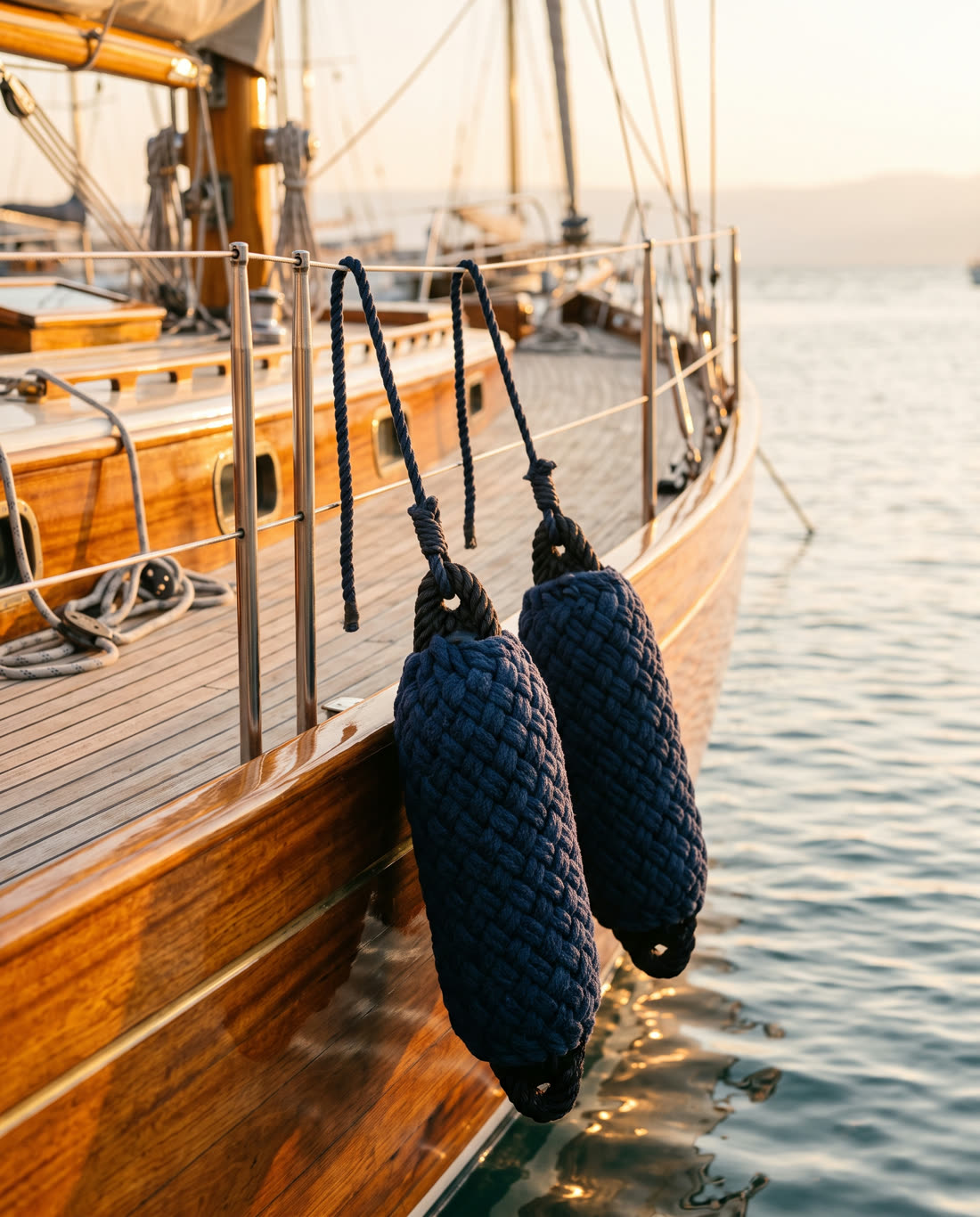 Navy braided fenders hanging over the teak rail of a classic sailboat at golden hour